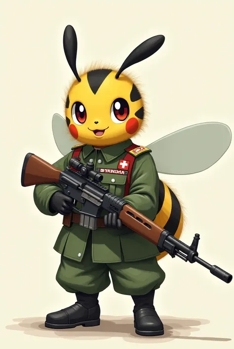 Create me a picture with the bee from Pokémon wearing a rifle and the uniform of the Swiss military