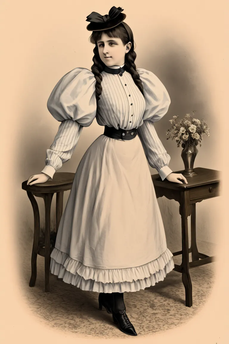 coquettish 12yo girl in the 1890s wearing a high-collar dress with long puff sleeves, waistband, strawboater hat, ankle-high skirt emphasizing her large ass, petticoats, dark silk stockings, white button-up ankle boots. revealing her petticoats and crotch....