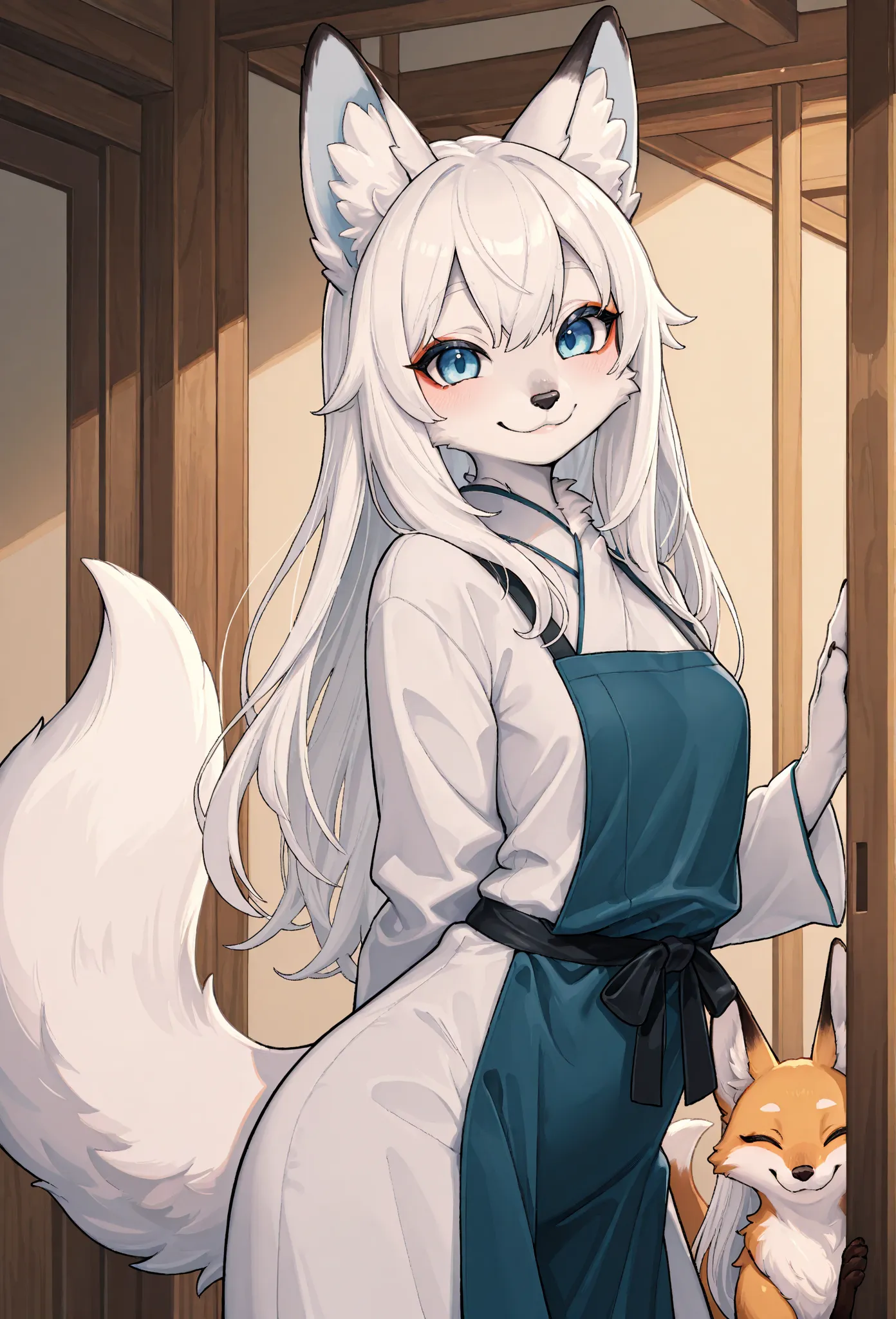  masterpiece,TOP QUALITY,great quality, very aesthetic,high resolution,ultra-deTailed, is ridiculous, latest,deTailed fur,
furのような,fox,  animal ears,Tail,[[fur]],1 girl, long hair, white hair,白いfur, blue eyes,smile,cute,