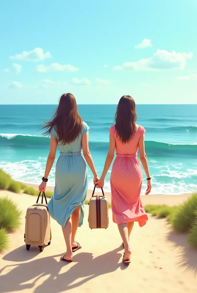 
### Part 1: The journey begins
**Details:** Neha and Priya are leaving their city for the sea, looking happy and excited.  
** of the picture in English :** The two friends, with bags in their hands, walk along a pleasant and sunny road, with the waves of...