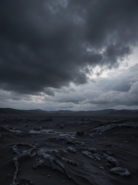 Deserted field, Infertile land, dark sand , gray skies and black clouds.
cinematic lighting,  ambient lighting ,  detailed quality  