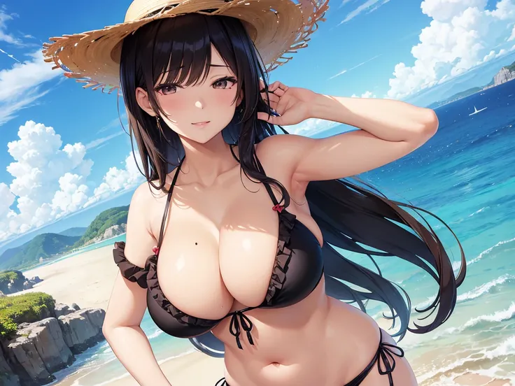 ((masutepiece, Best Quality, hight resolution, nffsw, Perfect Pixel,  4K, nffsw, nffsw))), 1girl in, {{anime, covered chest, low angle, whole body, dutch angle, source_anime, outdoors, beach, sea, colorful, vibrant, blurry background, looking at viewer, so...