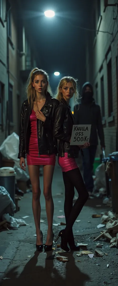 A realistic cinematic depiction of two beautiful young skinny aorexic women, aged 17 to 19, standing together on a deserted dark Back alley at night, the back alley are full ov trash and trashcans, (One of the girls is holding an hand whitten paper sign Te...