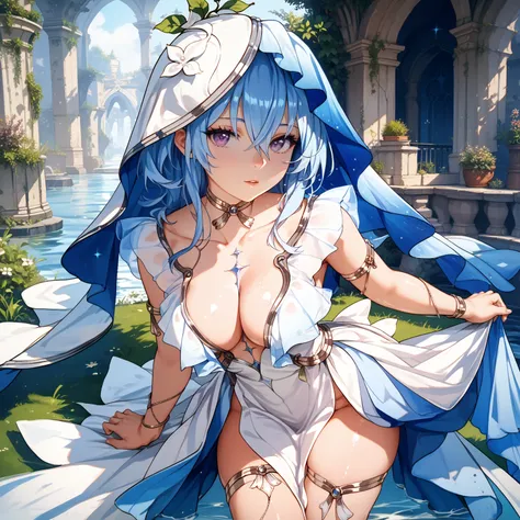 wrnchwuwashorekeeper, blue hair, purple eyes, hair between eyes, long hair, breasts, veil, choker, white dress, cleavage, armlet, collarbone, thigh gap, glossy skin, glistening skin, looking at viewer, Tempting body