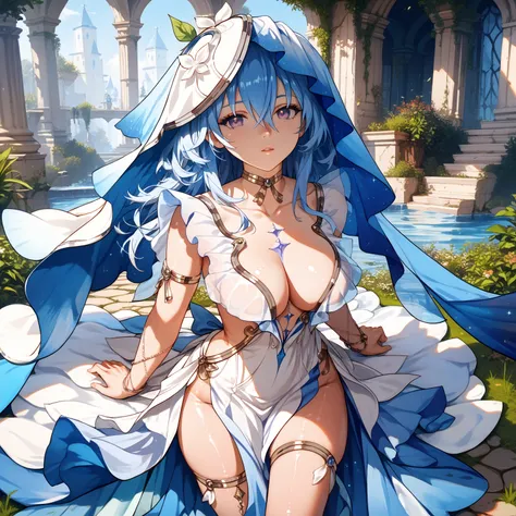 wrnchwuwashorekeeper, blue hair, purple eyes, hair between eyes, long hair, breasts, veil, choker, white dress, cleavage, armlet, collarbone, thigh gap, glossy skin, glistening skin, looking at viewer, Tempting body