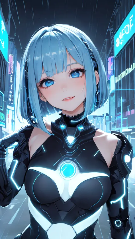 (masterpiece:1.3, best quality:1.3, ultra detailed:1.2)  
(beautiful young girl:1.3, cheerful expression:1.2, futuristic idol:1.2, vibrant energy:1.2)  
BREAK (medium bob hair:1.2, gradient blue hair:1.2, neon highlights:1.1, silky texture:1.2)  
BREAK (el...