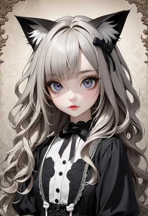 HD ,  masterpiece,  accurate, top quality, HD model, high detail, Tim Burton style, Cool Beauty, Cat ears,  white long dark eyelashes , Attractive shiny, silky tousled hair,  dark,  the texture is soft ,  matte and toy  , Handmade premium look,  antique ba...