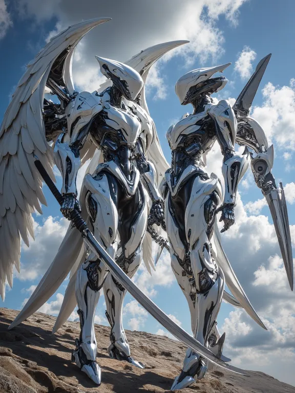 Angel man, mechanized white armor, Futuristic sword, mechanized wings and female angel, mechanized black armor , Futuristic sword mecanizada.  Science Fiction ,  High quality, Clash of swords, Full bodies, Complete wings.