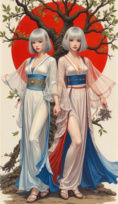 Detailed proportions and textures and multi-color with airbrushed brush strokes that presents a semi-realistic illustration in Chinese ink a gemini twins (full and slender body, with shy pose, playful look, bright yellow eyes, defined eyebrows, long eyelas...