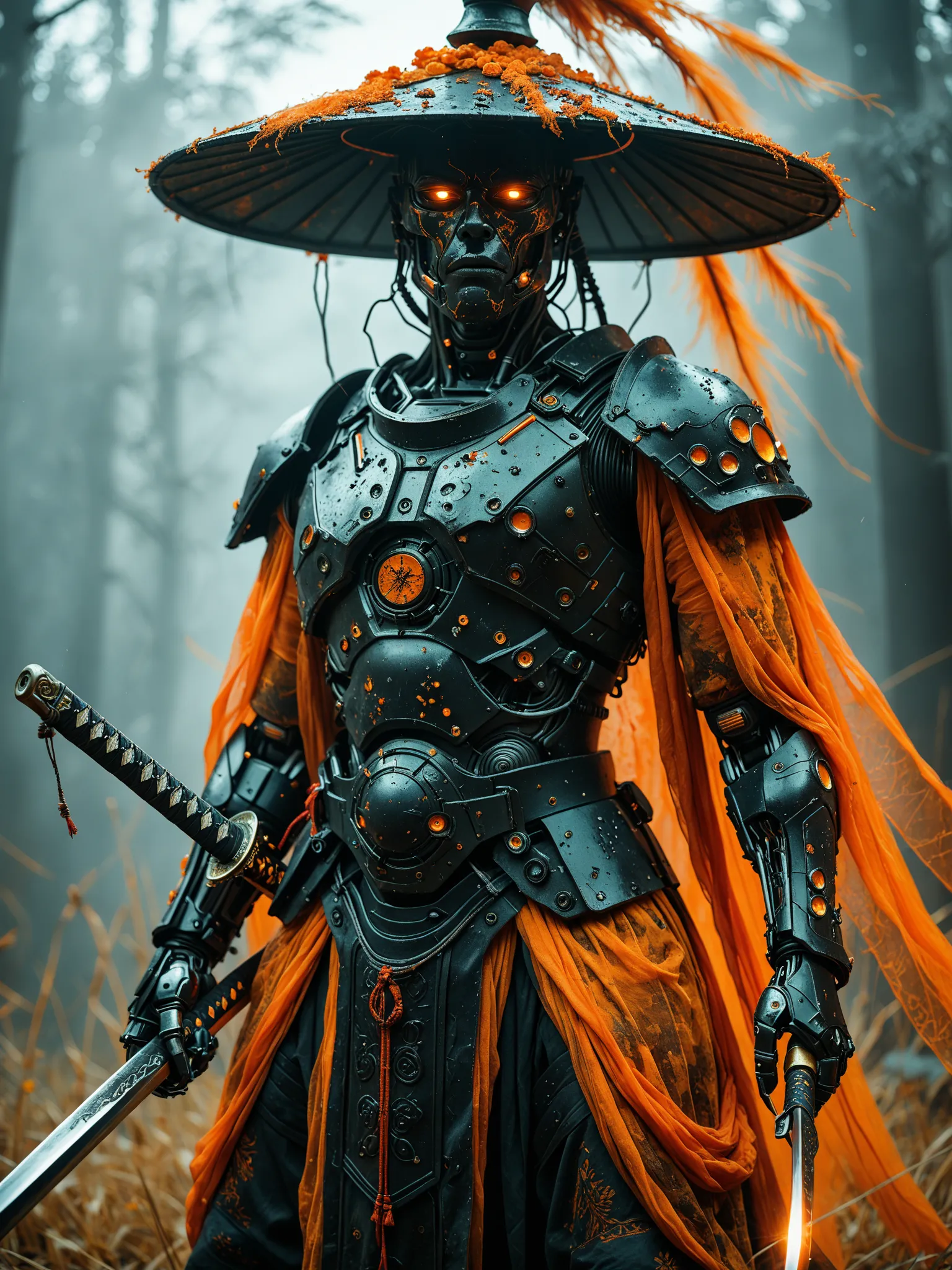 Cyborg Samurai,  black armor, orange color  ornaments, vibrant , oversized sedge hat, (smoky backdrop:0.5) , (holding katana:1.2), atmospheric haze, Film grain, dark simple gradient  background, ascetic modest simple  ,from below,,