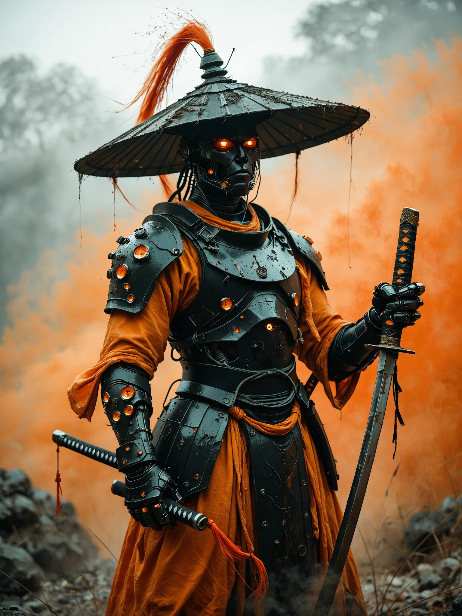 Cyborg Samurai,  black armor, orange color  ornaments, vibrant , oversized sedge hat, (smoky backdrop:0.5) , (holding katana:1.2), atmospheric haze, Film grain, dark simple gradient  background, ascetic modest simple  ,from below,,