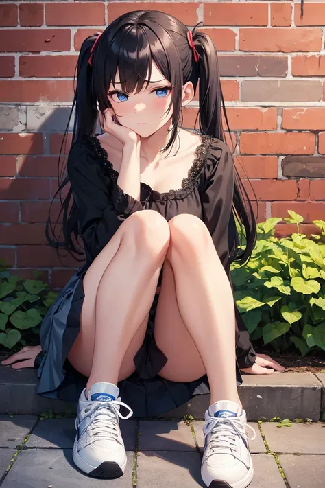 ((masutepiece, Best Quality, hight resolution, nffsw, Perfect Pixel,  4K, nffsw, nffsw))), anime, a girl of about 14th, with black hair in twin tails, accentuated corners of the eyes, royal blue eyes, the color of the eyes is below the line drawing, wearin...