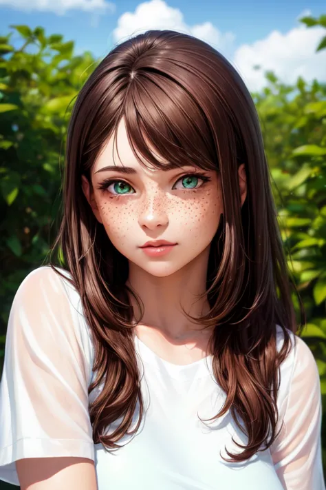 (photorealism:1.2), a girl with brown hair, green eyes and freckles. She was 170 centimeters tall. She is wearing a dress. She looks 25 years old.