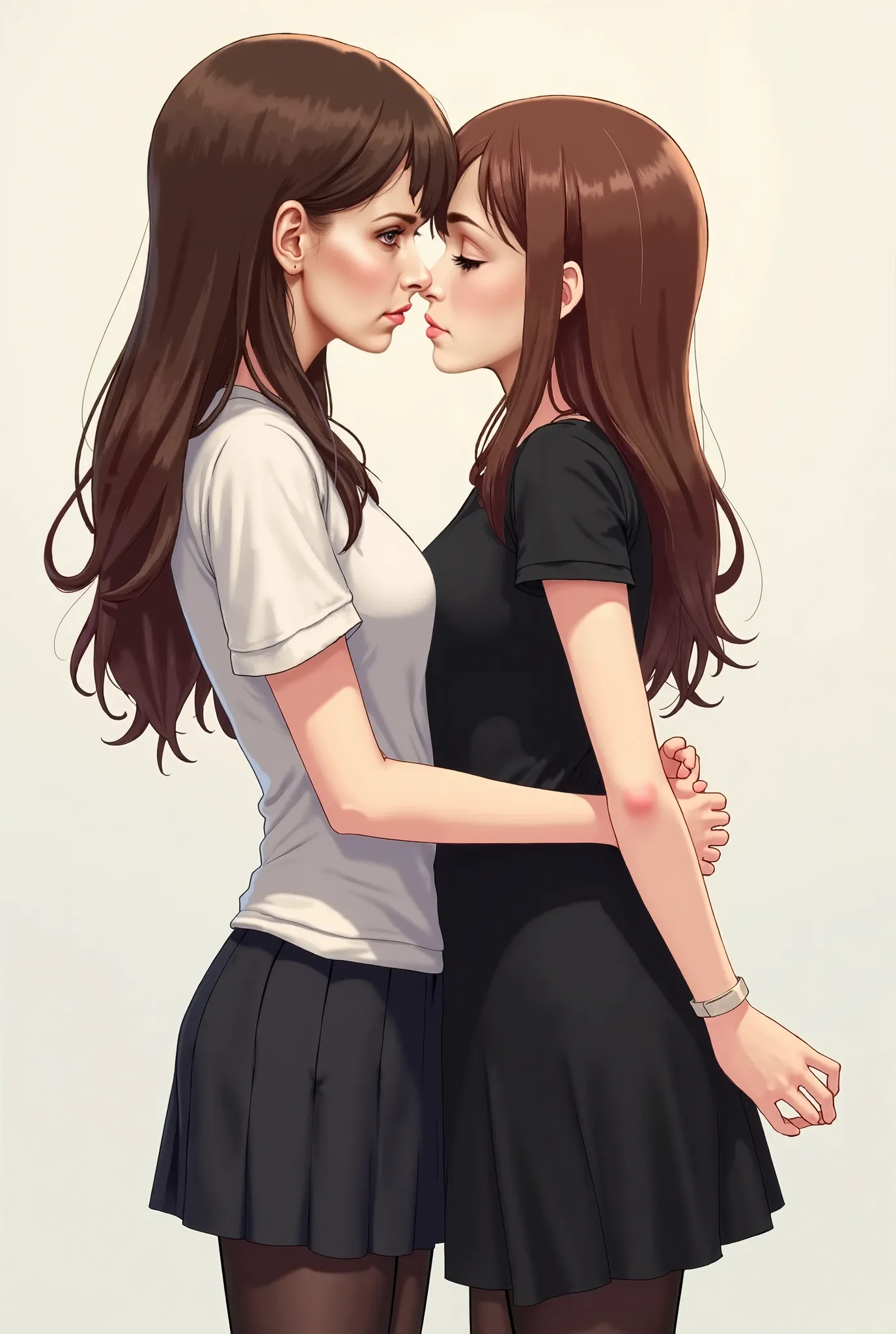 A girl with a thin waist and a slim waist of 190 with a thin waist is wearing a white shirt with long black legs. A middle-aged white girl is wearing a black dress with 170 brown hair and a height of 170. They are both kissing each other.