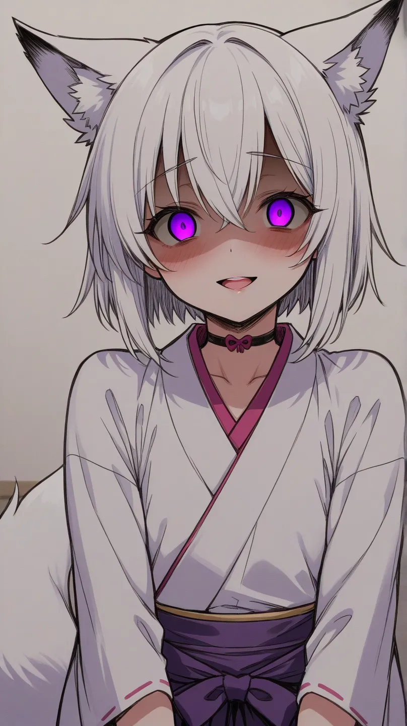 "9 -tailed Kitsune boy, White Hair, Purple Eye, yandere, Femboy, Japanese traditional outfit"