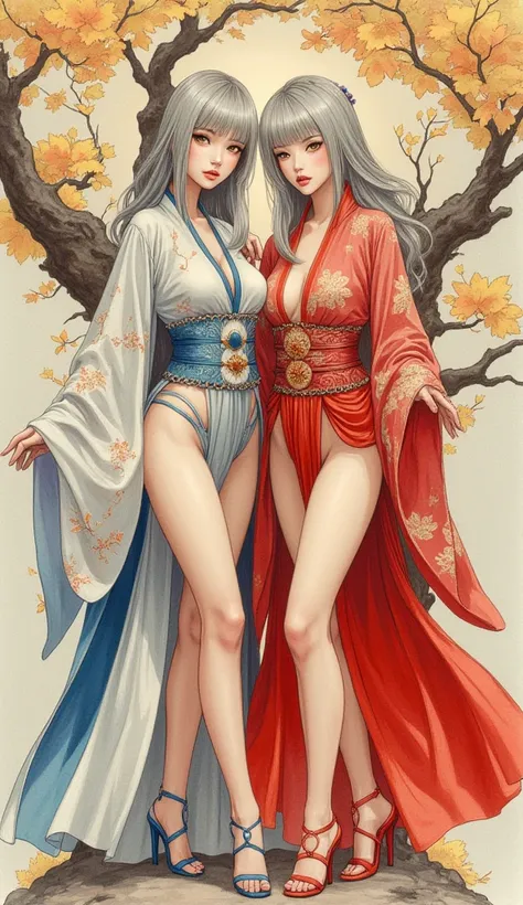 Detailed proportions and textures and multi-color with airbrushed brush strokes that presents a semi-realistic illustration in Chinese ink a gemini twins (full and slender body, with shy pose, playful look, bright yellow eyes, defined eyebrows, long eyelas...