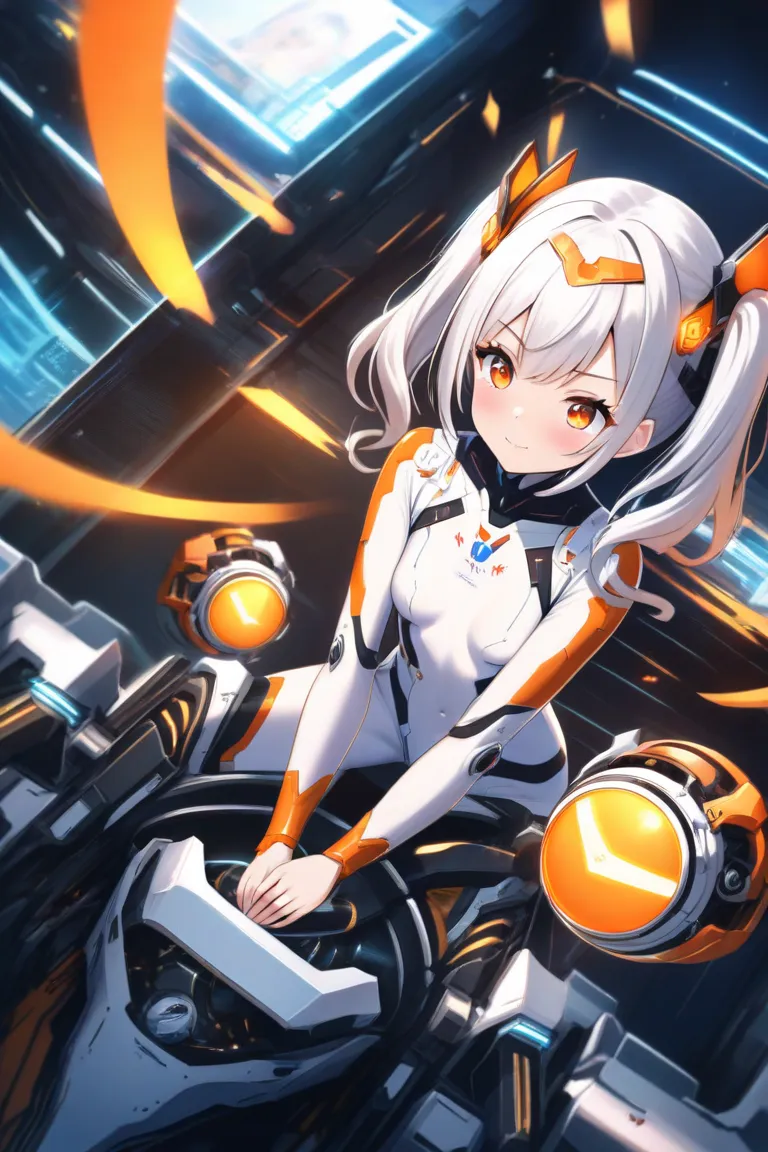 naked。twin tails。 lolicon。 small tits。fellatio。(masterpiece, amazing quality, illustration, very awa, newest, absurdres) break,
 1girl , thick eyelashes, dynamic angle, mechanical, bodysuit, orange eyes,  cybernetics, break,
volumetric natural lighting, sc...