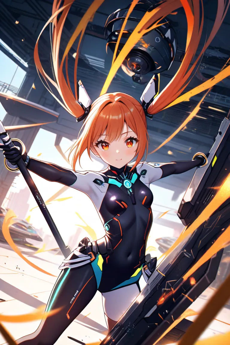 naked。twin tails。 lolicon。 small tits。fellatio。(masterpiece, amazing quality, illustration, very awa, newest, absurdres) break,
 1girl , thick eyelashes, dynamic angle, mechanical, bodysuit, orange eyes,  cybernetics, break,
volumetric natural lighting, sc...