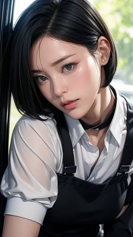 8k, RAW photo, TOP QUALITY, masterpiece, realistic, Photorealistic, (Ultimate beauty), 21 years old,  beautiful face、cute、Highly Detailed Face,  detailed eyes,  gloss lip in front of a black recreational vehicle, Professional Makeup,(laugh:1.3)、( black hai...