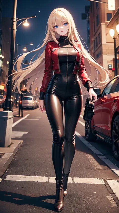 full body Realism, 16-year-old girl, long blond hair, bangs falling on her face, blue eyes, slightly open mouth, red lips, beautiful hairstyle, light makeup, round breasts, in a leather jacket, tight leather pants, beautiful shoes on her feet, walking city...