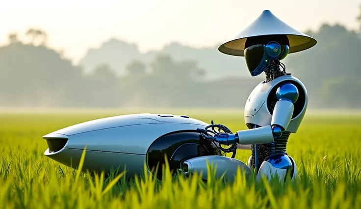 A realistic android robot resembling a farmer, with a white and blue color scheme, wearing a conical hat made of metal. The robot is operating a large, modern, and futuristic rice-planting machine in a lush Indonesian rice field in the morning. The machine...