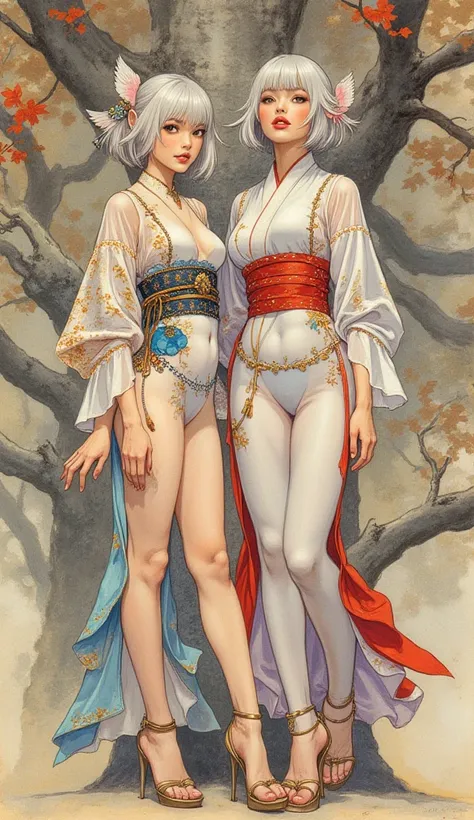 Detailed proportions and textures and multi-color with airbrushed brush strokes that presents a semi-realistic illustration in Chinese ink a gemini twins (full and slender body, with shy pose, playful look, bright yellow eyes, defined eyebrows, long eyelas...