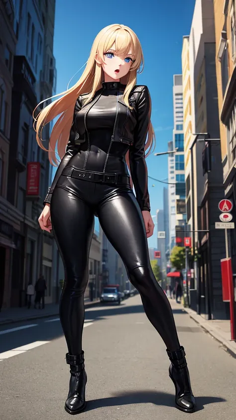 1_girl, solo,, 16-year-old girl, long blond hair, bangs falling on her face, blue eyes, slightly open mouth, red lips, beautiful hairstyle, light makeup, round breasts, in a leather jacket, tight leather pants, beautiful shoes on her feet, walking city str...