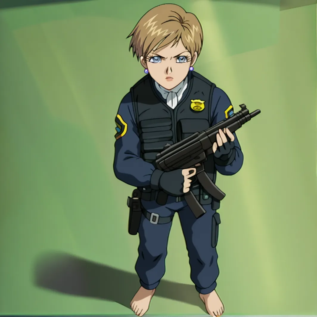 score_9, score_8_up, score_7_up, score_6_up, score_5_up, score_4_up, BREAK,  topazsonicx, 1girl, solo, looking at viewer, blonde hair, gloves, holding, jewelry, weapon, earrings, fingerless gloves, holding weapon, uniform, vest, gun, holding gun, rifle, re...