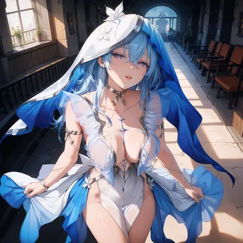 wrnchwuwashorekeeper, blue hair, purple eyes, hair between eyes, long hair, breasts, veil, choker, white dress, cleavage, armlet, collarbone, see-through, thigh gap, glossy skin, glistening skin, looking at viewer, Tempting body