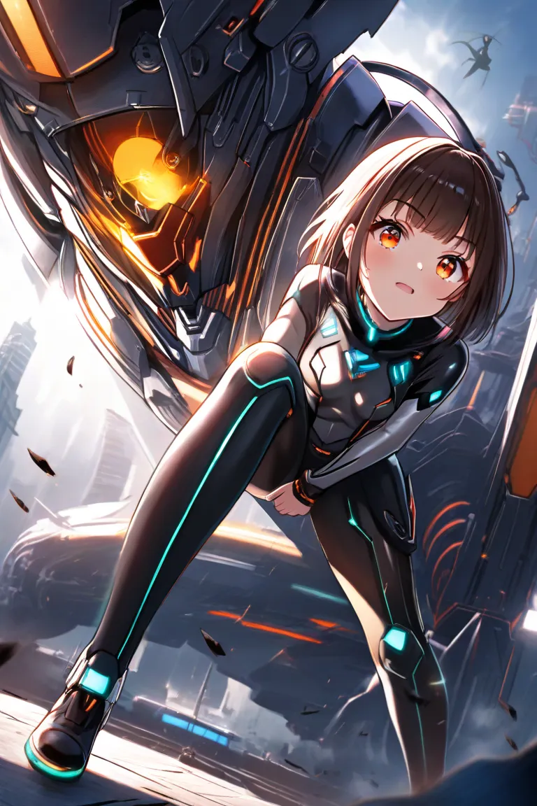 マシンガン。naked。 clothes。  lolicon。 small tits。fellatio。(masterpiece, amazing quality, illustration, very awa, newest, absurdres) break,Destroy armor。マシンガン。
  1girl  , thick eyelashes, dynamic angle, mechanical, bodysuit, orange eyes,   cybernetics, break,
vol...