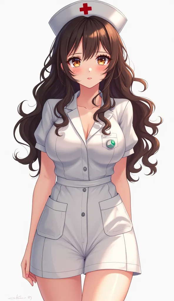 Anime style woman with long curly dark brown hair and light brown eyes,  long, plentiful lashes, full and sweet lips, aura serene and cute, Full-bodied dressed in a nurse's outfit, slightly highlighting the curves of her waist and legs.