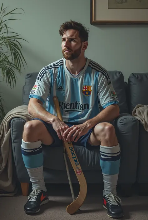 Footballer messi sitting with a hokey bat