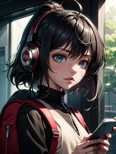 A busty Viera girl wearing headphones and a backpack is looking at her phone,  Anime Style 4 k, Alice x. open,   digital animation art , Nightcore,  Digital Animated Illustration ,  Anime Styled digital art,  Anime Art Wallpaper 4K,  anime art wallpaper 4k...