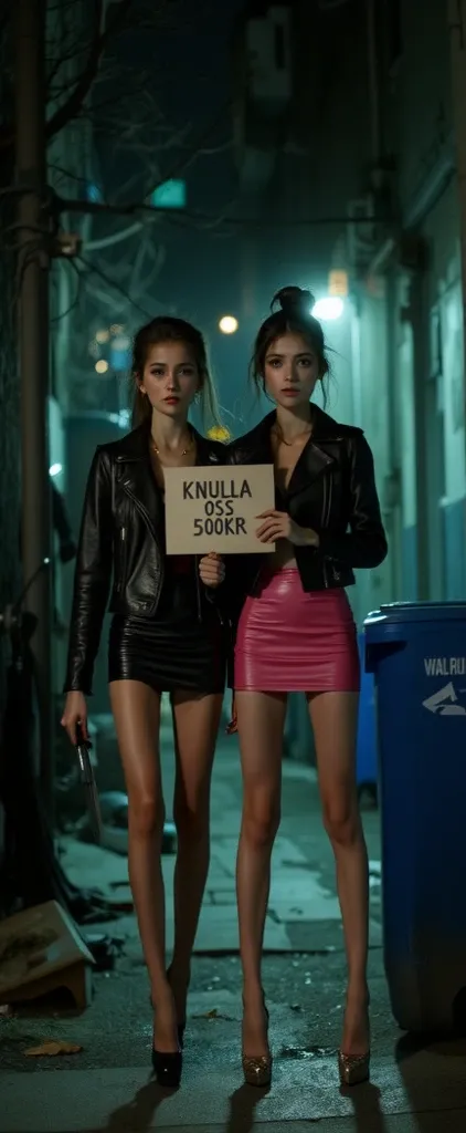 A realistic cinematic depiction of two beautiful young skinny aorexic women, aged 17 to 19, standing together on a deserted dark Back alley at night, the back alley are full ov trash and trashcans, (One of the girls is holding an hand whitten paper sign Te...