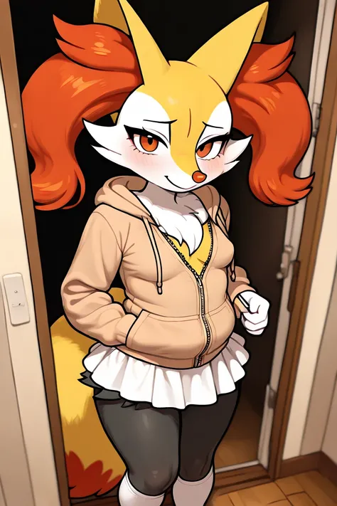 1 woman, furry, fox, braixen, anthro character, brown_eyes instead of orange ones, chubby_face with incredible cheekbones and big fluffy ears, (wearing beige zipped hoodie, white skirt and white knee_socks), solo, looking at viewer, indoors, small breasts 