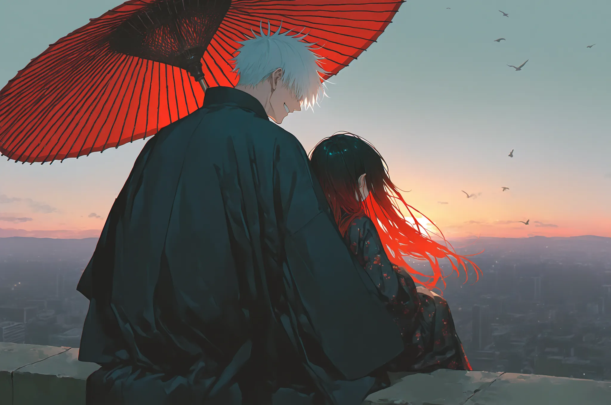 1boy, male focus, gojou satoru, jujutsu kaisen, white hair, short hair, sexy man, handsome, mature male, dark grey kimono, BREAK wide shot, (((from back))), wind, scenery, cityscape, sunset, birds, duo focus, hetero, couple, size difference, height differe...