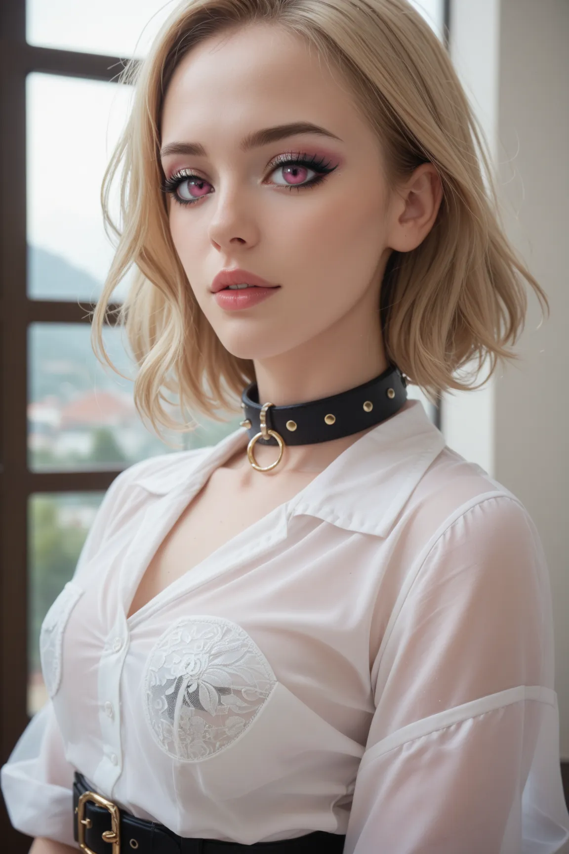 Cha hae-in from Solo leveling. Blone hair, pink eyes, eyelashes, soft makeup, white transparent shirt, close up portrait, beautiful. Collar belt. 