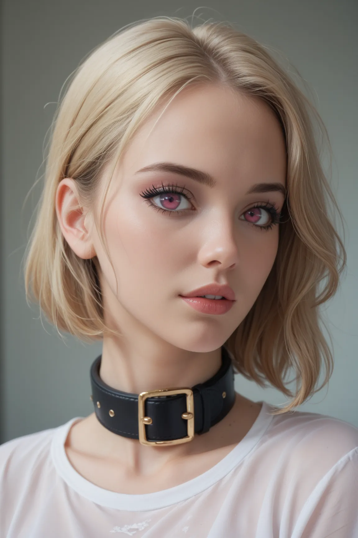 Cha hae-in from Solo leveling. Blone hair, pink eyes, eyelashes, soft makeup, white transparent shirt, close up portrait, beautiful. Collar belt. 