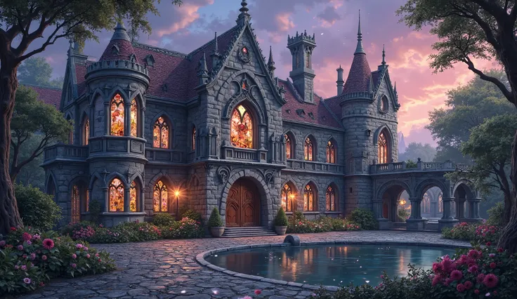 Create a highly detailed illustration of a grand medieval fantasy manoir set against a dramatic twilight sky. The manoir should feature towering stone walls adorned with intricate carvings and gargoyles, showcasing a blend of Gothic and Renaissance archite...