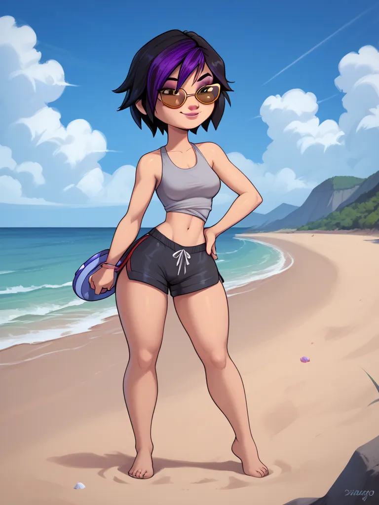 score_9, score_8_up, score_7_up, BREAK, gogotomago, 1girl, solo, short hair, black hair, sunglasses, wide hips, midriff, lo purple hair, shorts, makeup, medium breasts, lips, standing, full length body, legs, barefoot, one hand on hip, shrugging, smile, cl...