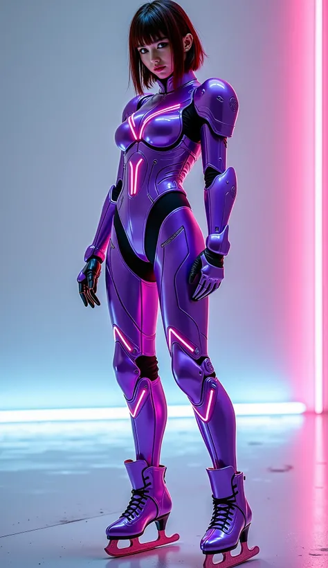 photo-realistic, ultra-realistic, very beautiful Japanese futuristic soldier, famous Japanese idol, dramatic scene, masterpiece, beautiful eyes, dark auburn hair, wearing purple high heel ice skates , (cyber punk glossy intricated purple mecha armor suits ...