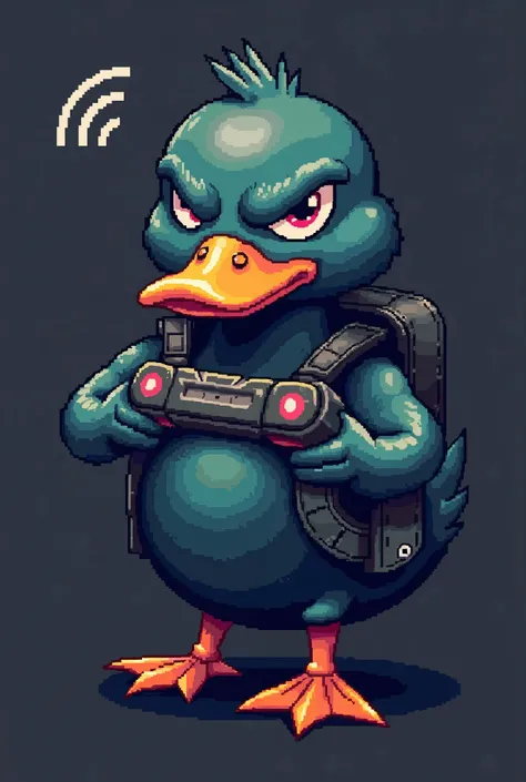 An 8-bit pixel art duck that looks tough and menacing. The duck has a WiFi signal symbol on its head, representing hacking abilities. It is equipped with a cyberpunk-style hacking device, resembling a futuristic tool for network intrusion. The design is bo...