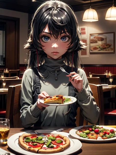 anime,1girl,white long hair,gray eyes, white shirt, long sleeves, turtleneck, sitting, looking at viewer, eating, pizza, plate, fork, knife, table, chair, table, restaurant, cinematic angle, cinematic lighting, masterpiece, best quality 