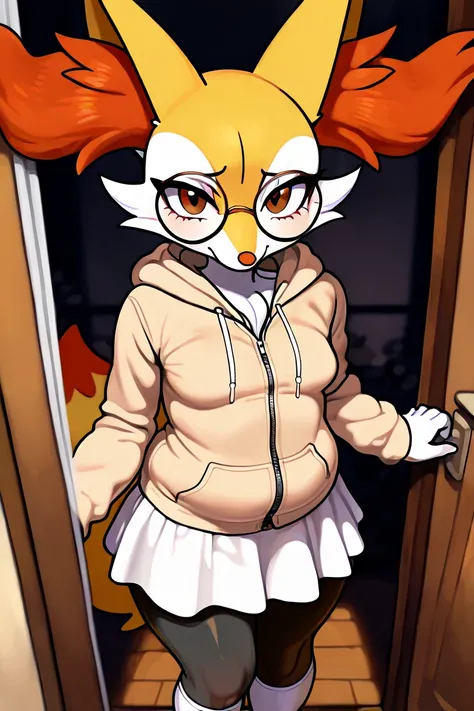 1 woman, furry, fox, braixen, anthro character, brown_eyes, brown eyes, chubby_face with incredible cheekbones and big fluffy ears, (wearing beige zipped hoodie, white skirt and white knee_socks), solo, looking at viewer, indoors, small breasts, round glas...