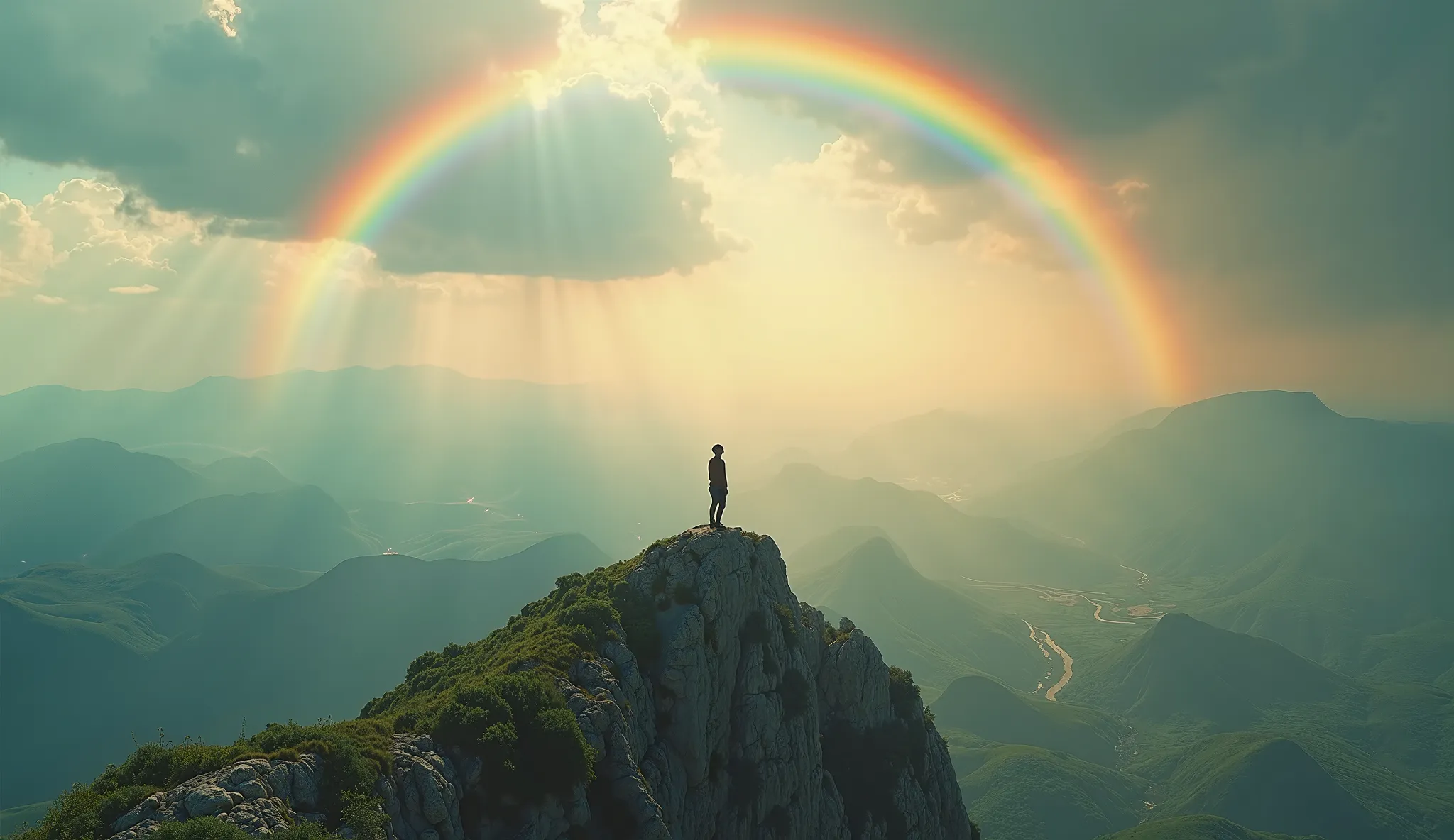 Hyperdetailed 8K photo, natural lighting, bird's eye view of a person standing on a mountain top, rainbow in the sky, green landscape, uplifting mood, cinematic style, Canon EOS R5, 24-70mm lens 