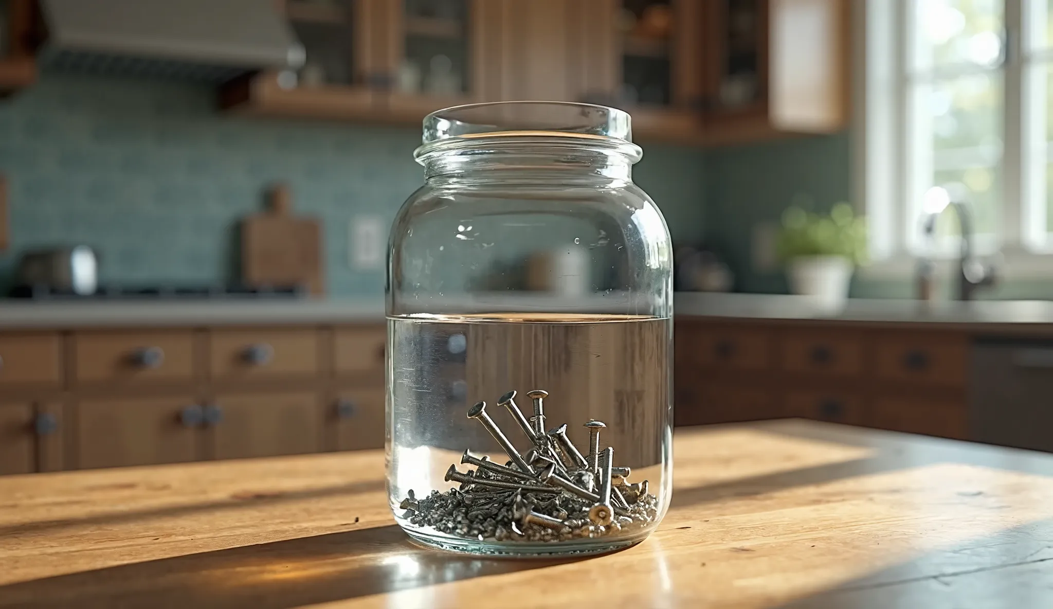 there is a transparent glass jar of water on the kitchen table, there are nails in water at the bottom of the jar, Photorealistic