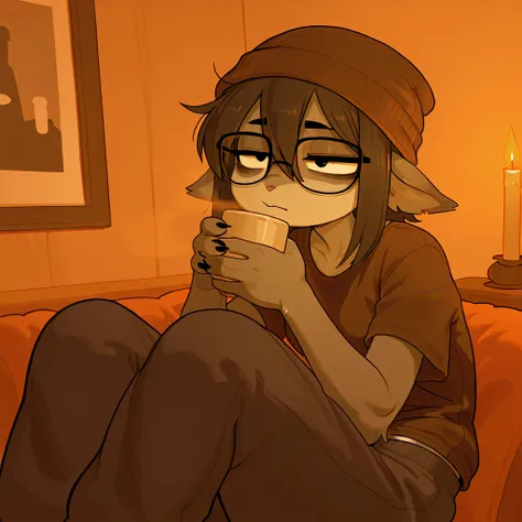 Grey furry woman, grey fur, flappy ears, woman, tall, cute thin, skinny, warm colors, cozy, candlelit, all black eyes, brown beanie with ear flaps, grey, glasses, t shirt, sweatpants, serious tired expression, baggy sweatpants, drinking coffee, slouching