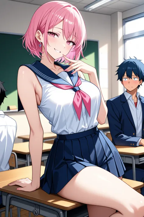 (anime, best quality, masterpiece), hot slim curvy figure cute girl pink short hairs in a sleeveless (school uniform) and mini skirt flirting with male boys, in a school classroom, flaunting her figure slightly, erotic romantic scene, zoomed out,