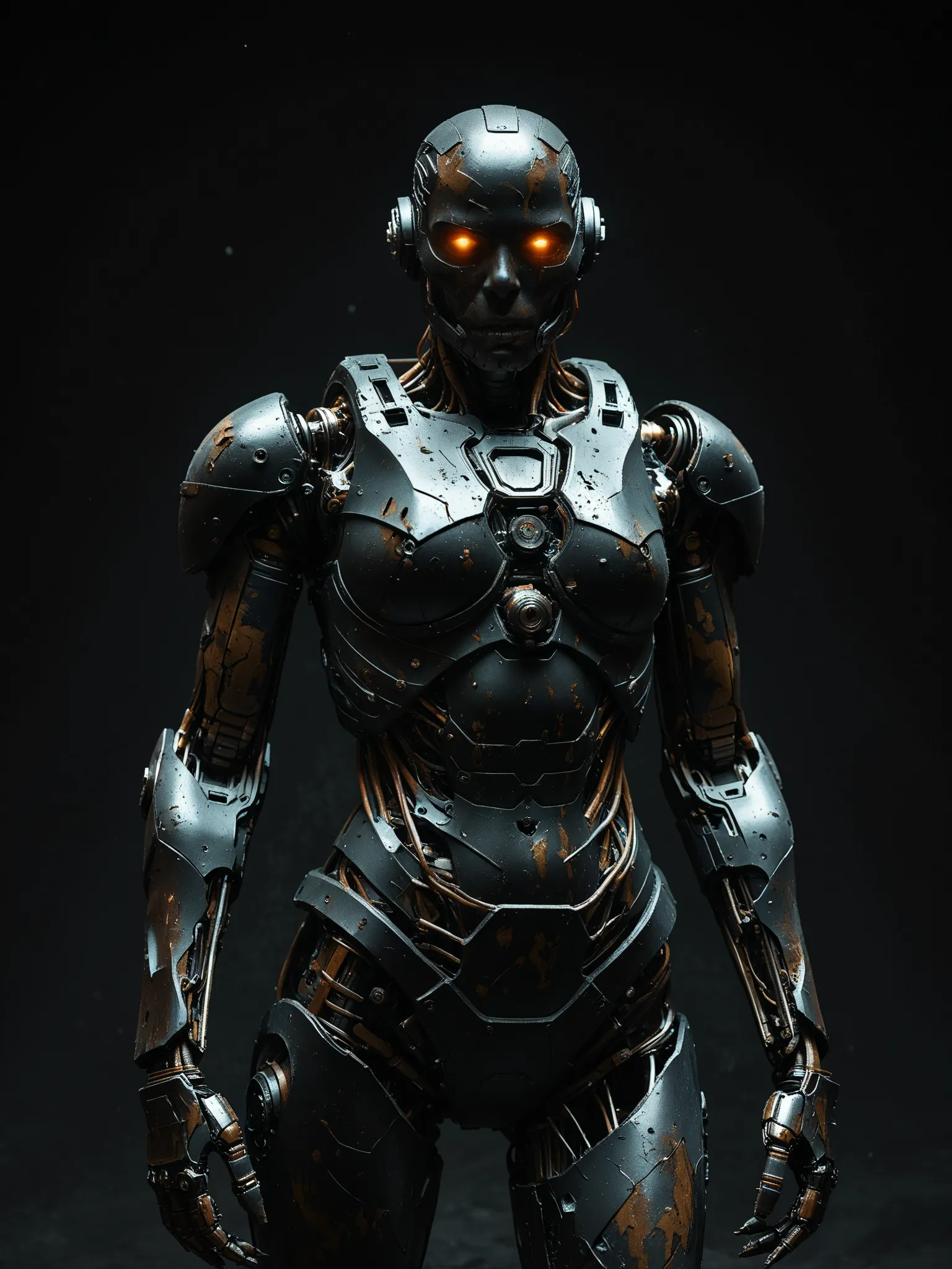 masterpiece, best quality, amazing quality, cyborg cop, black armor, black background, dark colors, dark mood, dark theme