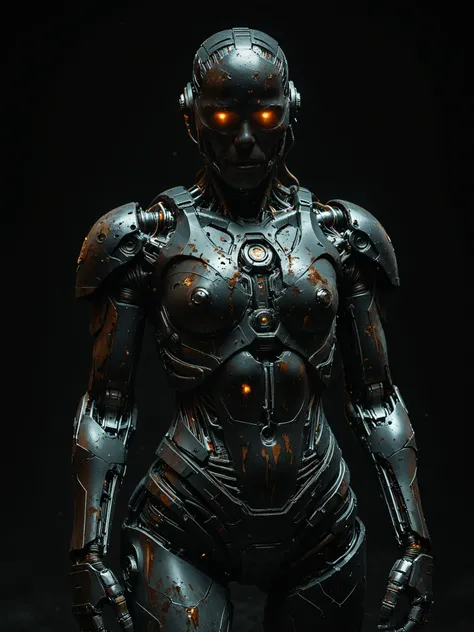 masterpiece, best quality, amazing quality, cyborg cop, black armor, black background, dark colors, dark mood, dark theme